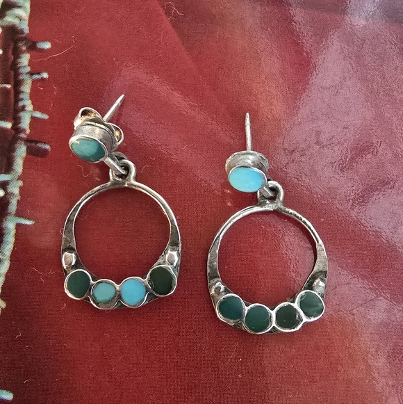 Zuni Jewelry - Vintage Zuni Silver and Turquoise Hoop Earrings